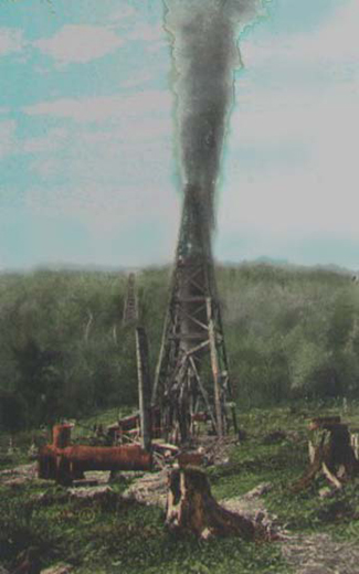 Oil rig producing a gusher